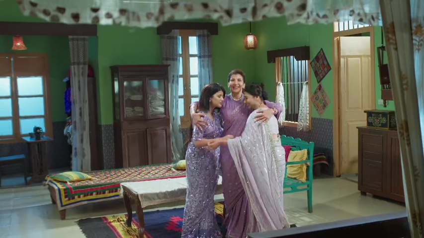 Abhira, Kaveri, and Vidya hugging and celebrating